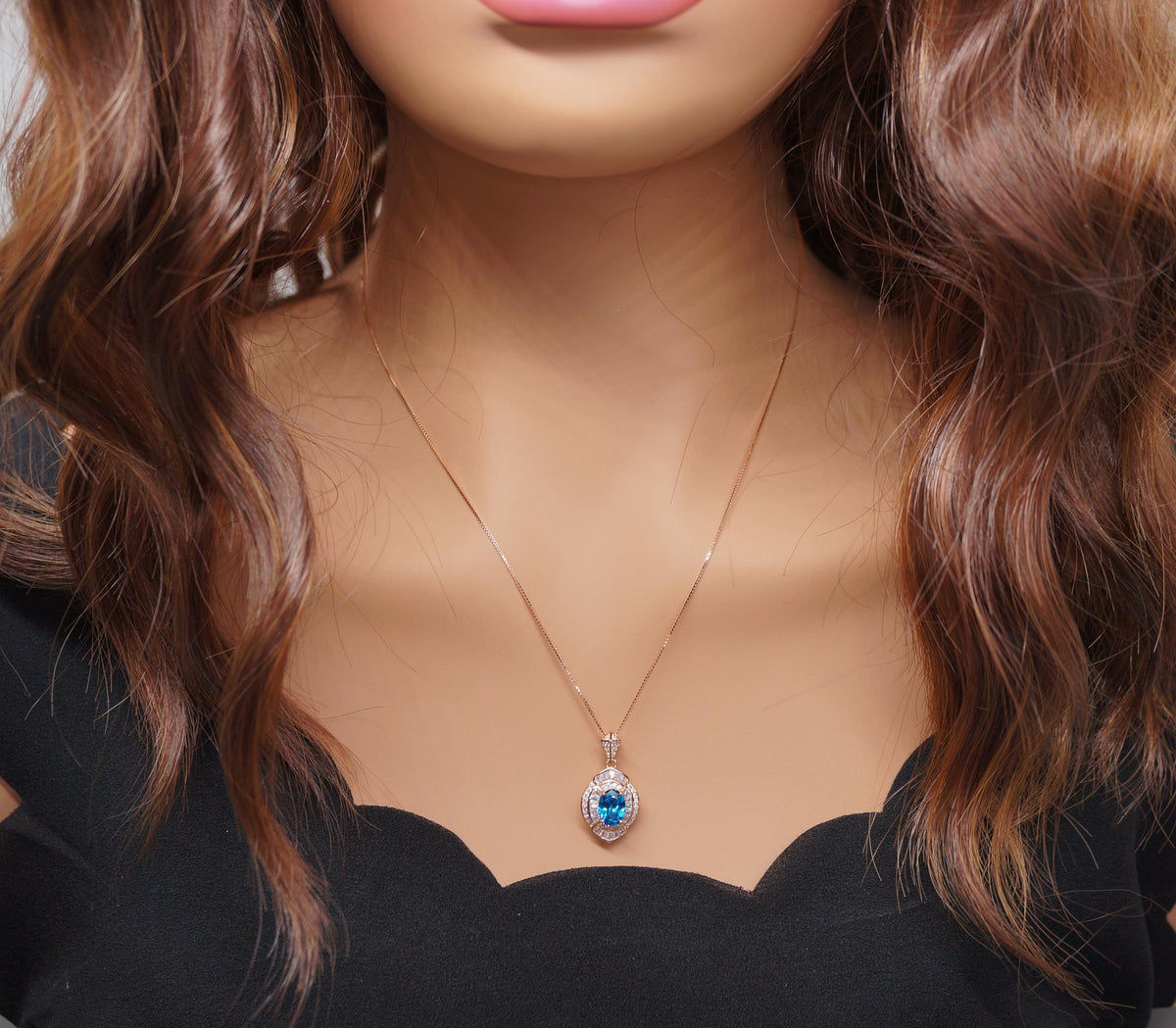 Rose Gold Sterling Silver Blue Topaz Necklace - Oval Cut 1.5 Ct Deep Blue Topaz pendant Chin #1137