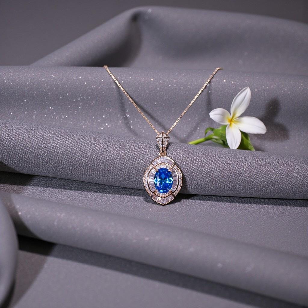 Rose Gold Sterling Silver Blue Topaz Necklace - Oval Cut 1.5 Ct Deep Blue Topaz pendant Chin #1137