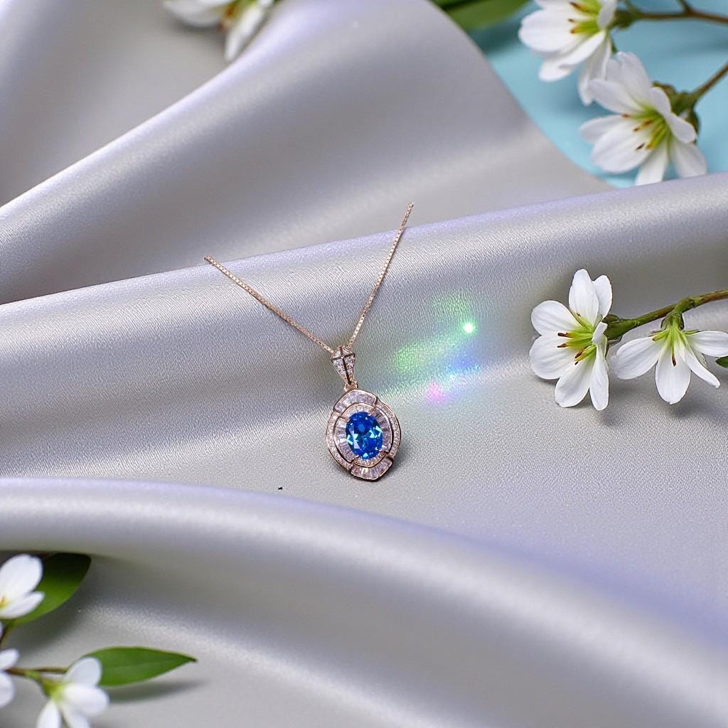 Rose Gold Sterling Silver Blue Topaz Necklace - Oval Cut 1.5 Ct Deep Blue Topaz pendant Chin #1137