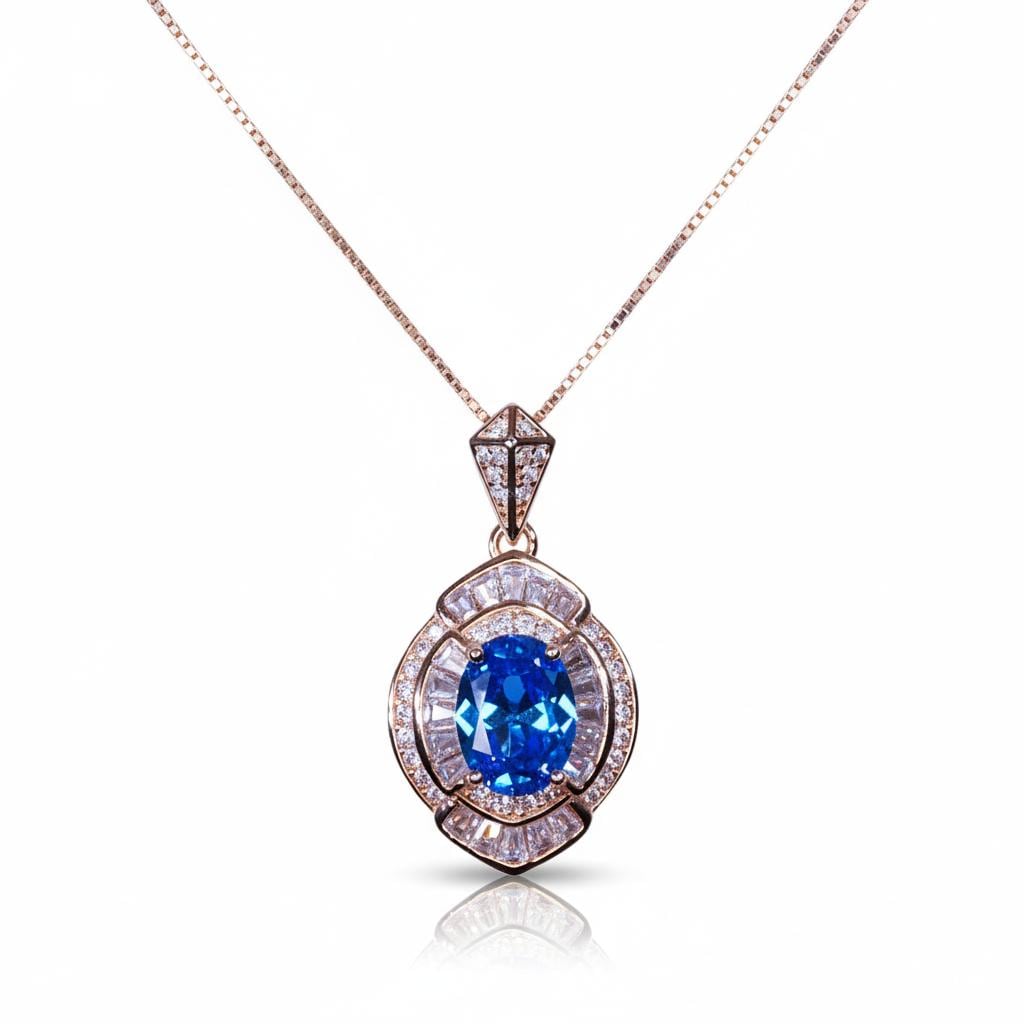 Rose Gold Sterling Silver Blue Topaz Necklace - Oval Cut 1.5 Ct Deep Blue Topaz pendant Chin #1137