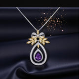 Genuine Amethyst Teardrop Necklace Sterling Silver & 18K Gold, Olive Branch Bow Pendant, February Birthstone Jewelry, Adjustable Chain 1138