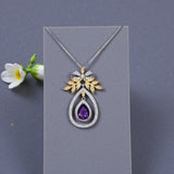 Genuine Amethyst Teardrop Necklace Sterling Silver & 18K Gold, Olive Branch Bow Pendant, February Birthstone Jewelry, Adjustable Chain 1138