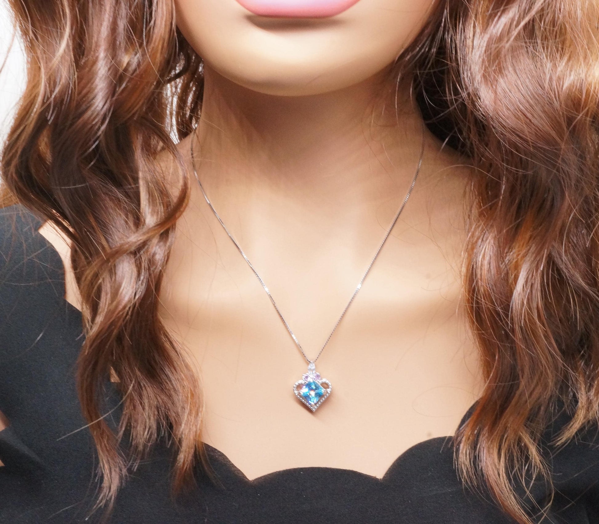 Square Brilliant Cut Blue Topaz Heart Necklace, 925 Sterling Silver 18k Gold Plated, Dainty Blue Gemstone Pendant, Romantic gift 1140