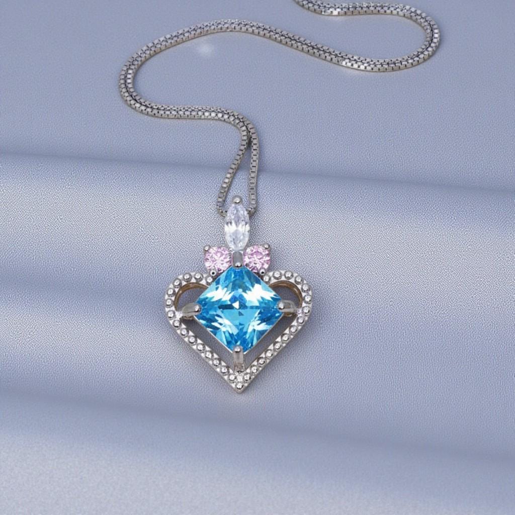 Square Brilliant Cut Blue Topaz Heart Necklace, 925 Sterling Silver 18k Gold Plated, Dainty Blue Gemstone Pendant, Romantic gift 1140