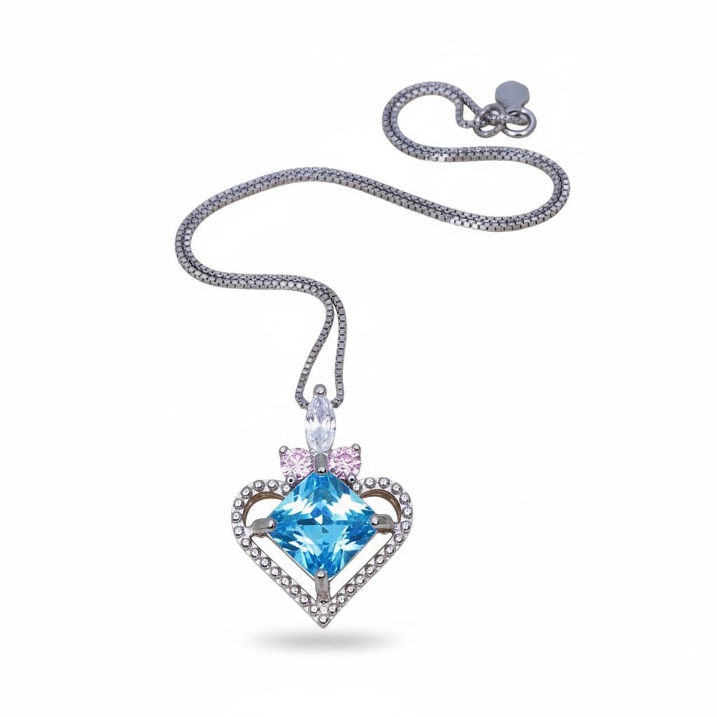 Square Brilliant Cut Blue Topaz Heart Necklace, 925 Sterling Silver 18k Gold Plated, Dainty Blue Gemstone Pendant, Romantic gift 1140