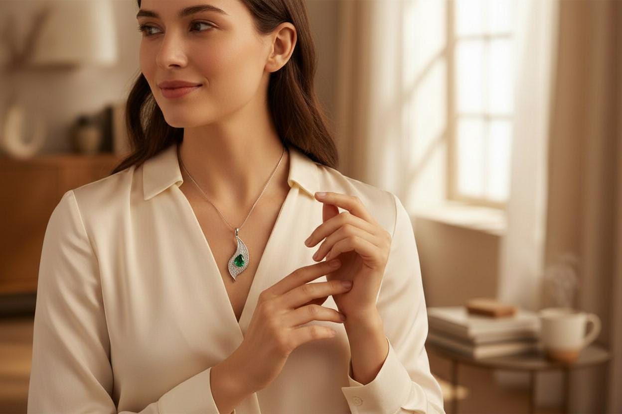 Sterling Silver Emerald Leaf Necklace, Pear Cut Green Gemstone Pendant, 18K White Gold Plated Nature Inspired Jewelry, Chain 904