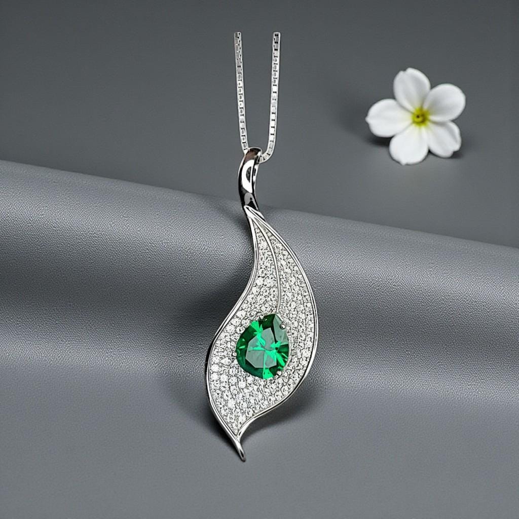 Sterling Silver Emerald Leaf Necklace, Pear Cut Green Gemstone Pendant, 18K White Gold Plated Nature Inspired Jewelry, Chain 904