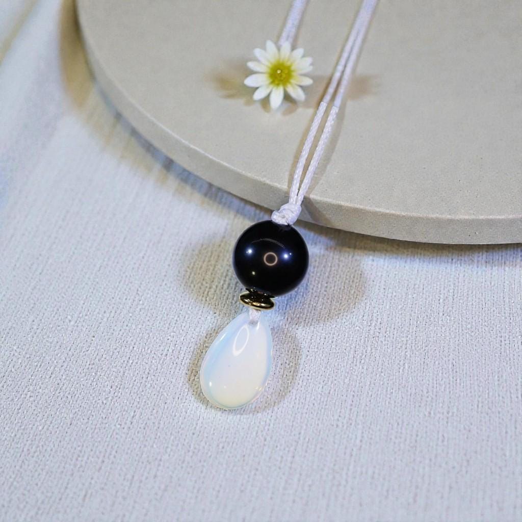 Chunky Opal & Obsidian Necklace, Geometric Birthstone Pendant, Zen Jewelry, Adjustable White Leather Cord, October Birthday Gift