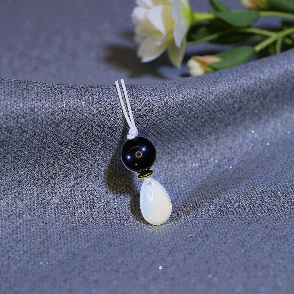 Chunky Opal & Obsidian Necklace, Geometric Birthstone Pendant, Zen Jewelry, Adjustable White Leather Cord, October Birthday Gift