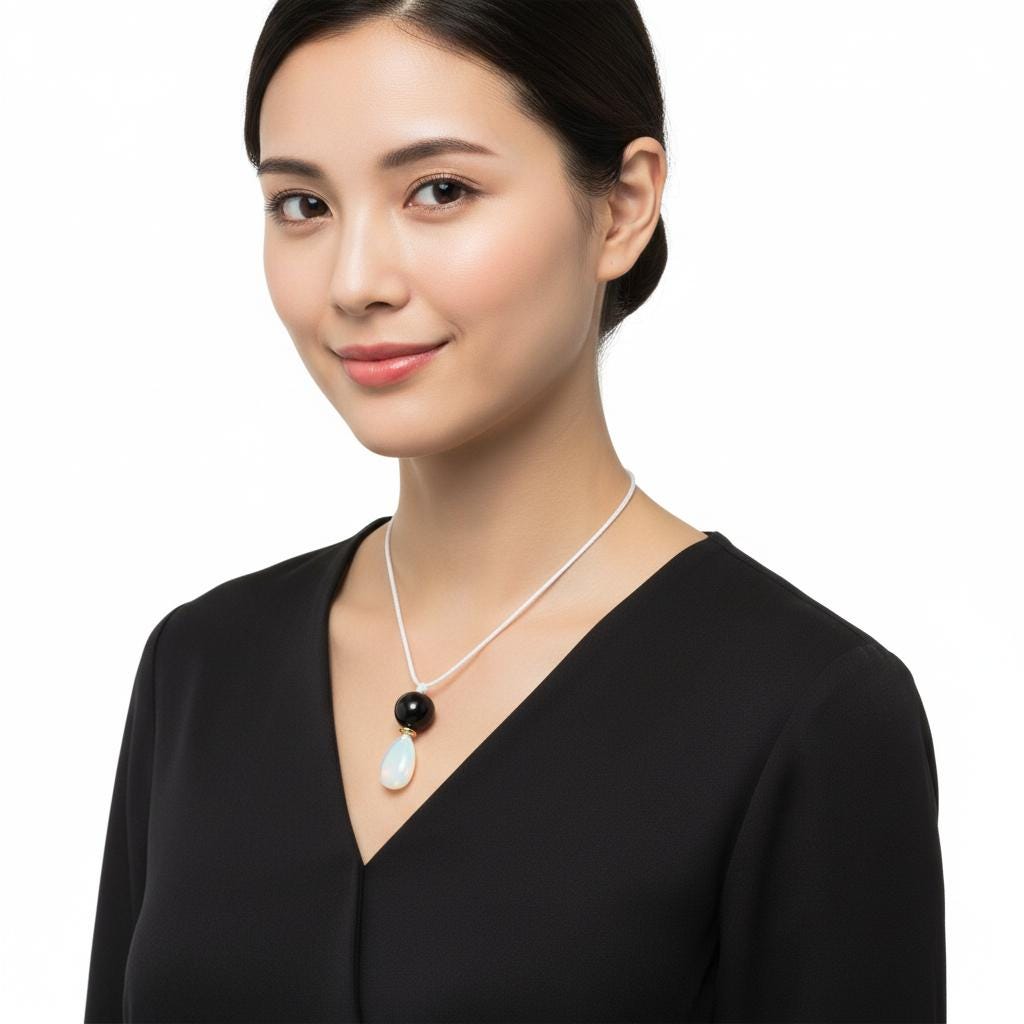 Chunky Opal & Obsidian Necklace, Geometric Birthstone Pendant, Zen Jewelry, Adjustable White Leather Cord, October Birthday Gift