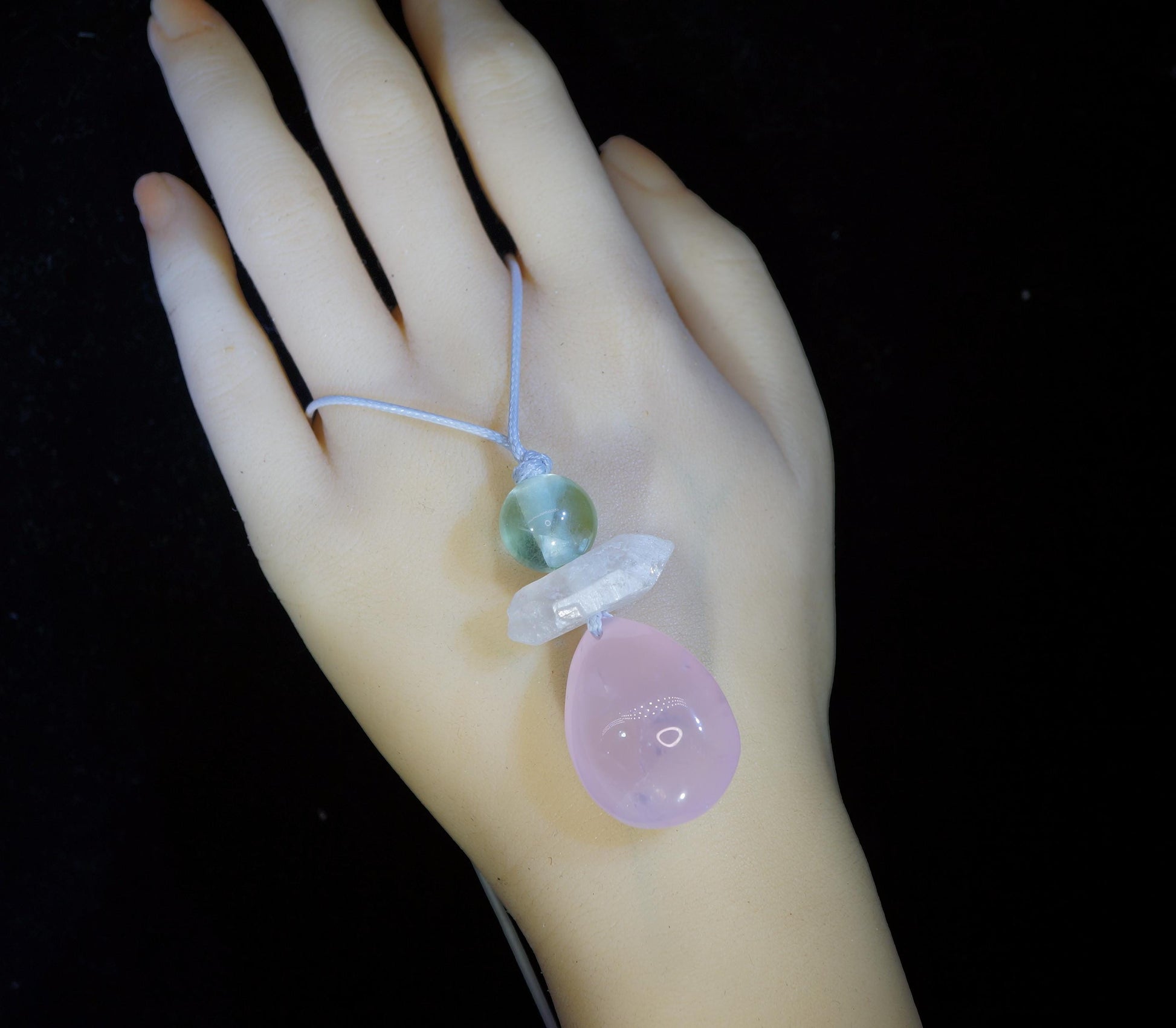 Chunky Rose Quartz & Green Fluorite Necklace, Geometric Birthstone Zen Pendant, Natural Clear Quartz, Adjustable White Leather Cord