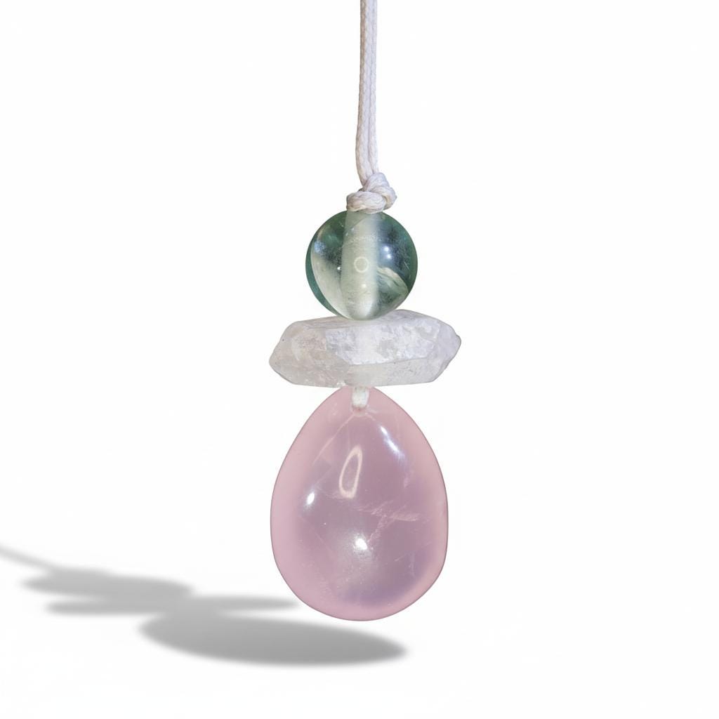 Chunky Rose Quartz & Green Fluorite Necklace, Geometric Birthstone Zen Pendant, Natural Clear Quartz, Adjustable White Leather Cord
