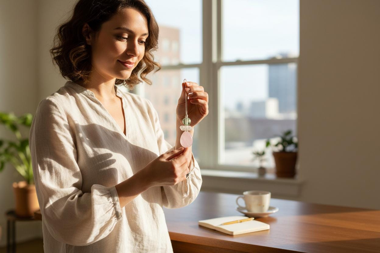 Chunky Rose Quartz & Green Fluorite Necklace, Geometric Birthstone Zen Pendant, Natural Clear Quartz, Adjustable White Leather Cord