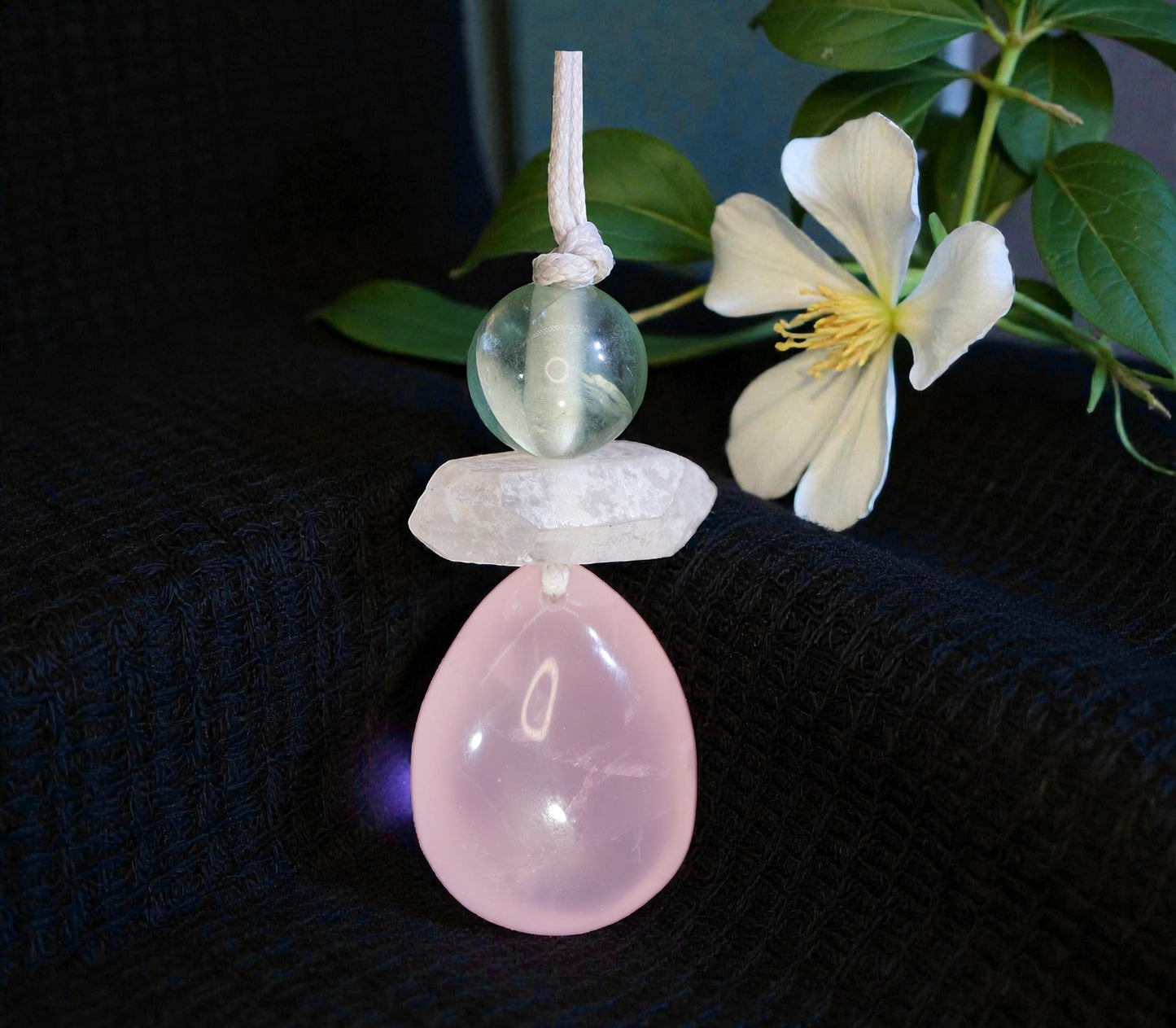 Chunky Rose Quartz & Green Fluorite Necklace, Geometric Birthstone Zen Pendant, Natural Clear Quartz, Adjustable White Leather Cord