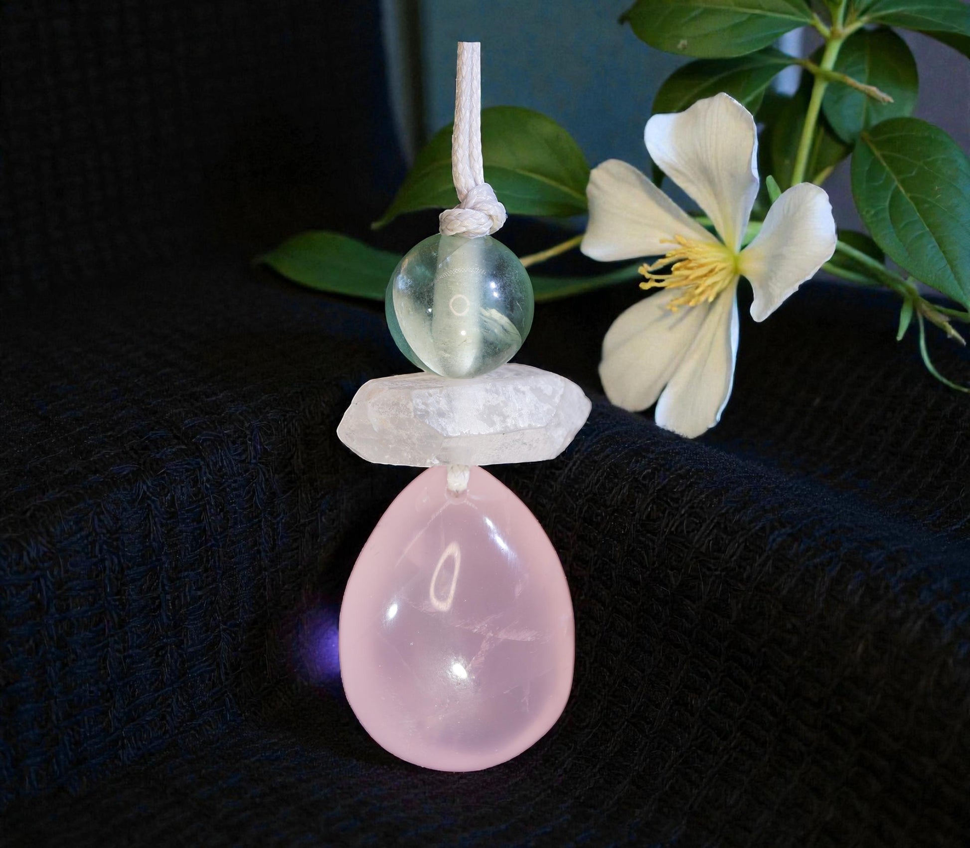 Chunky Rose Quartz & Green Fluorite Necklace, Geometric Birthstone Zen Pendant, Natural Clear Quartz, Adjustable White Leather Cord