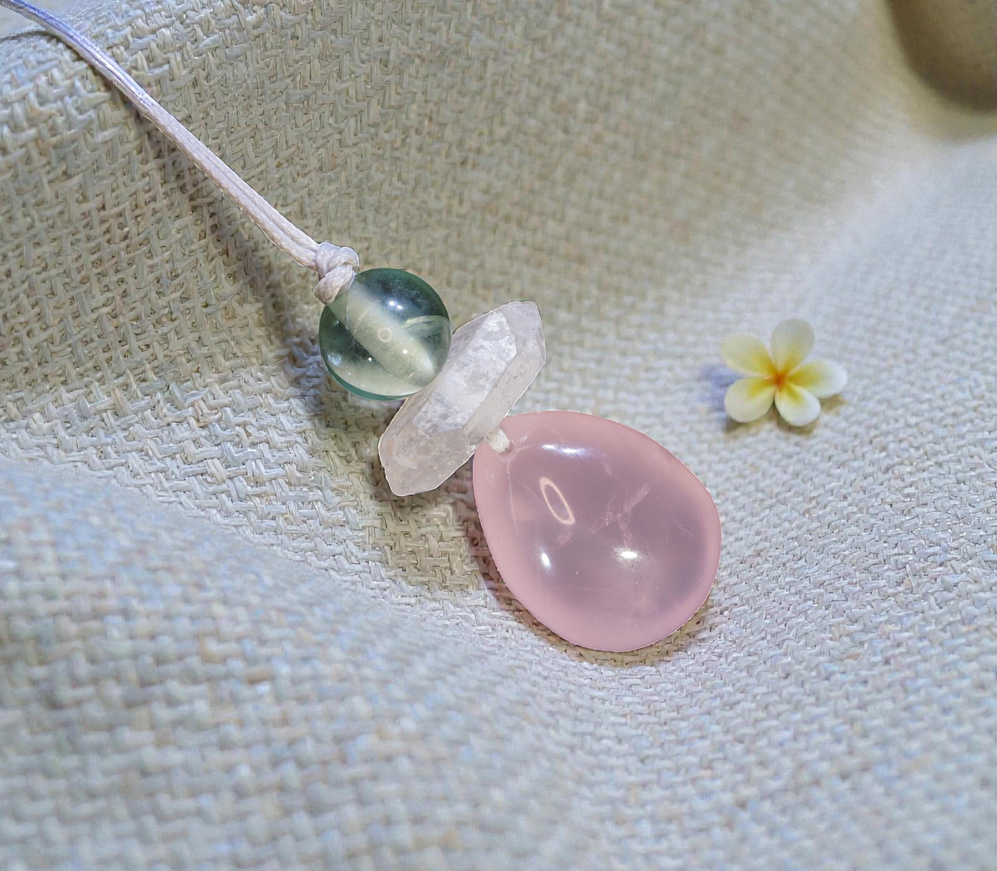 Chunky Rose Quartz & Green Fluorite Necklace, Geometric Birthstone Zen Pendant, Natural Clear Quartz, Adjustable White Leather Cord