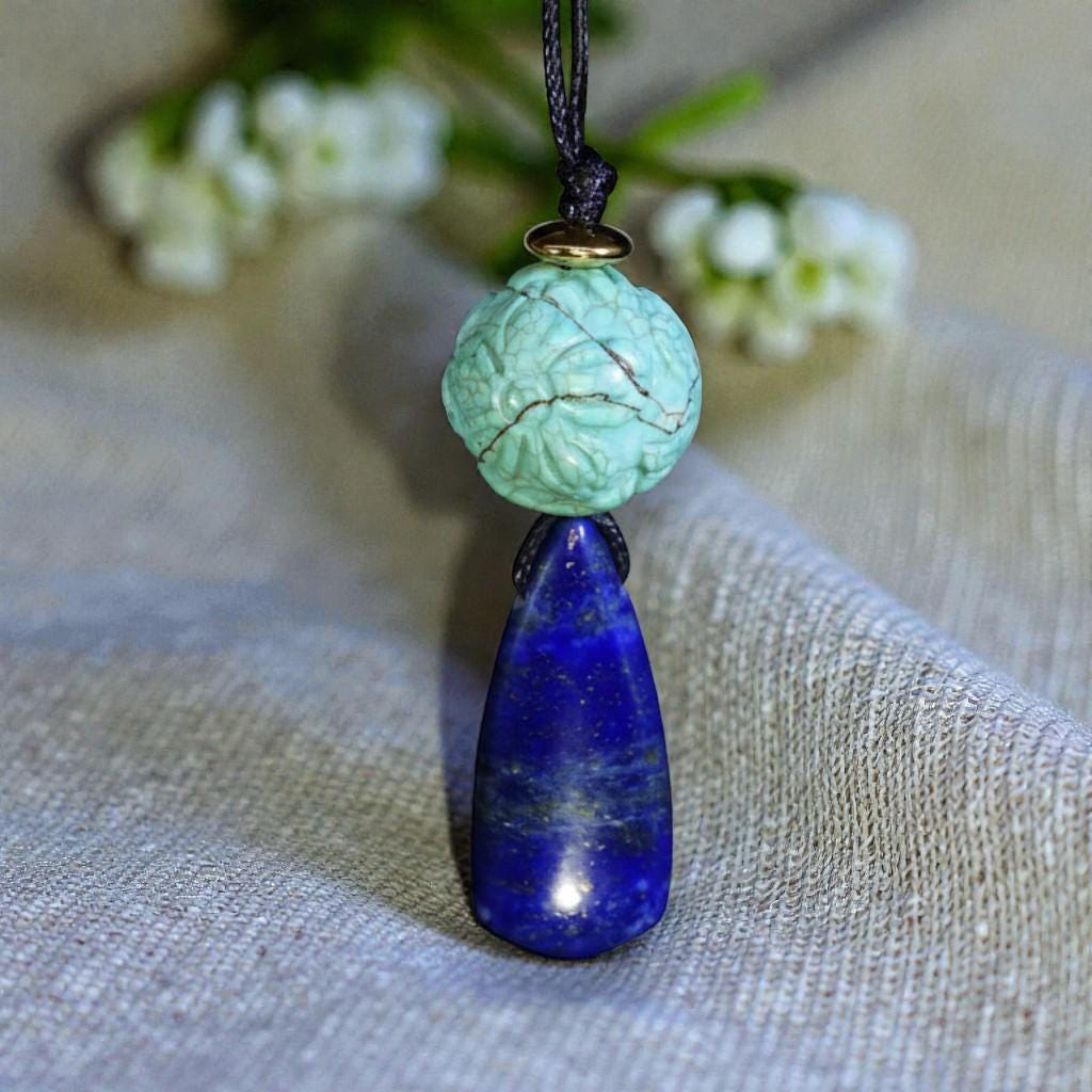 Chunky Lapis Lazuli & Carved Turquoise Necklace, Lotus Birthstone Pendant, Geometric Zen Jewelry, Adjustable Leather Cord, Yoga Gift