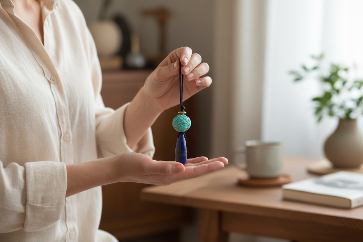 Chunky Lapis Lazuli & Carved Turquoise Necklace, Lotus Birthstone Pendant, Geometric Zen Jewelry, Adjustable Leather Cord, Yoga Gift