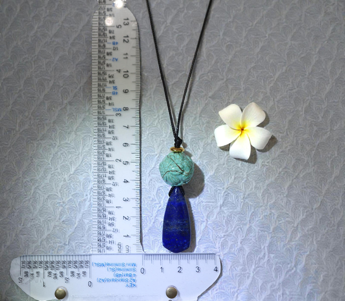 Chunky Lapis Lazuli & Carved Turquoise Necklace, Lotus Birthstone Pendant, Geometric Zen Jewelry, Adjustable Leather Cord, Yoga Gift