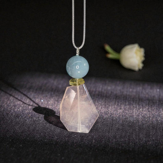 Chunky Rose Quartz & Aquamarine Necklace, Geometric Zen Jewelry, Natural Citrine Pendant, Adjustable Gray Leather, Birthstone Gift