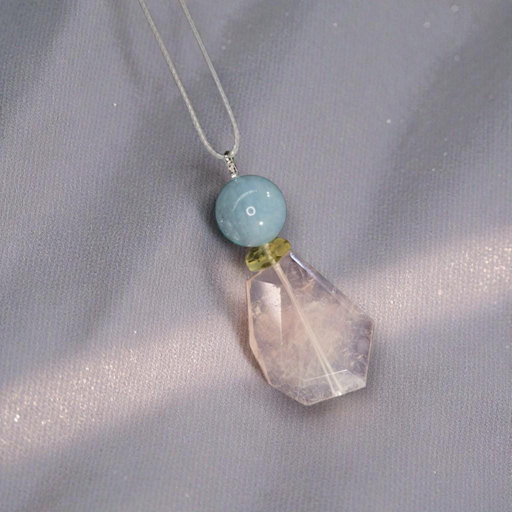 Chunky Rose Quartz & Aquamarine Necklace, Geometric Zen Jewelry, Natural Citrine Pendant, Adjustable Gray Leather, Birthstone Gift