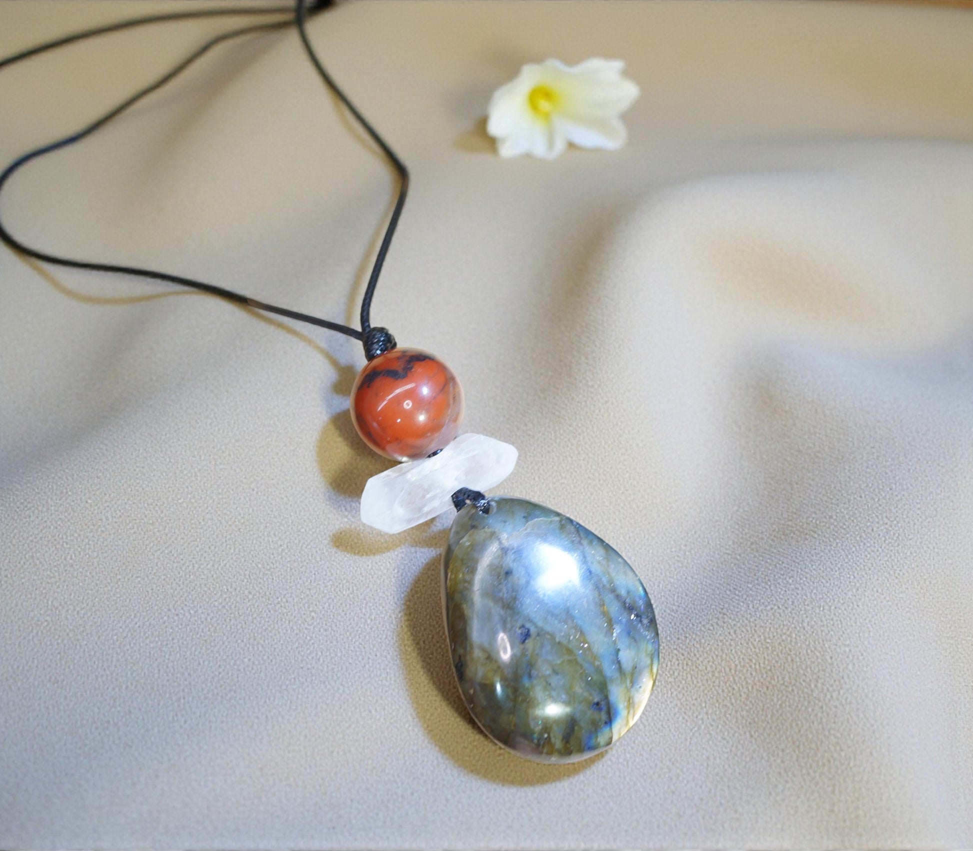 Chunky Labradorite Red Jasper Necklace, Geometric Zen Pendant, Natural Clear Quartz, Adjustable Leather Cord, Men's & Women's Gift