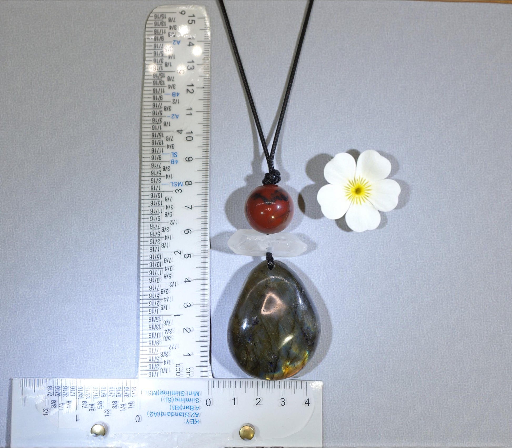 Chunky Labradorite Red Jasper Necklace, Geometric Zen Pendant, Natural Clear Quartz, Adjustable Leather Cord, Men's & Women's Gift