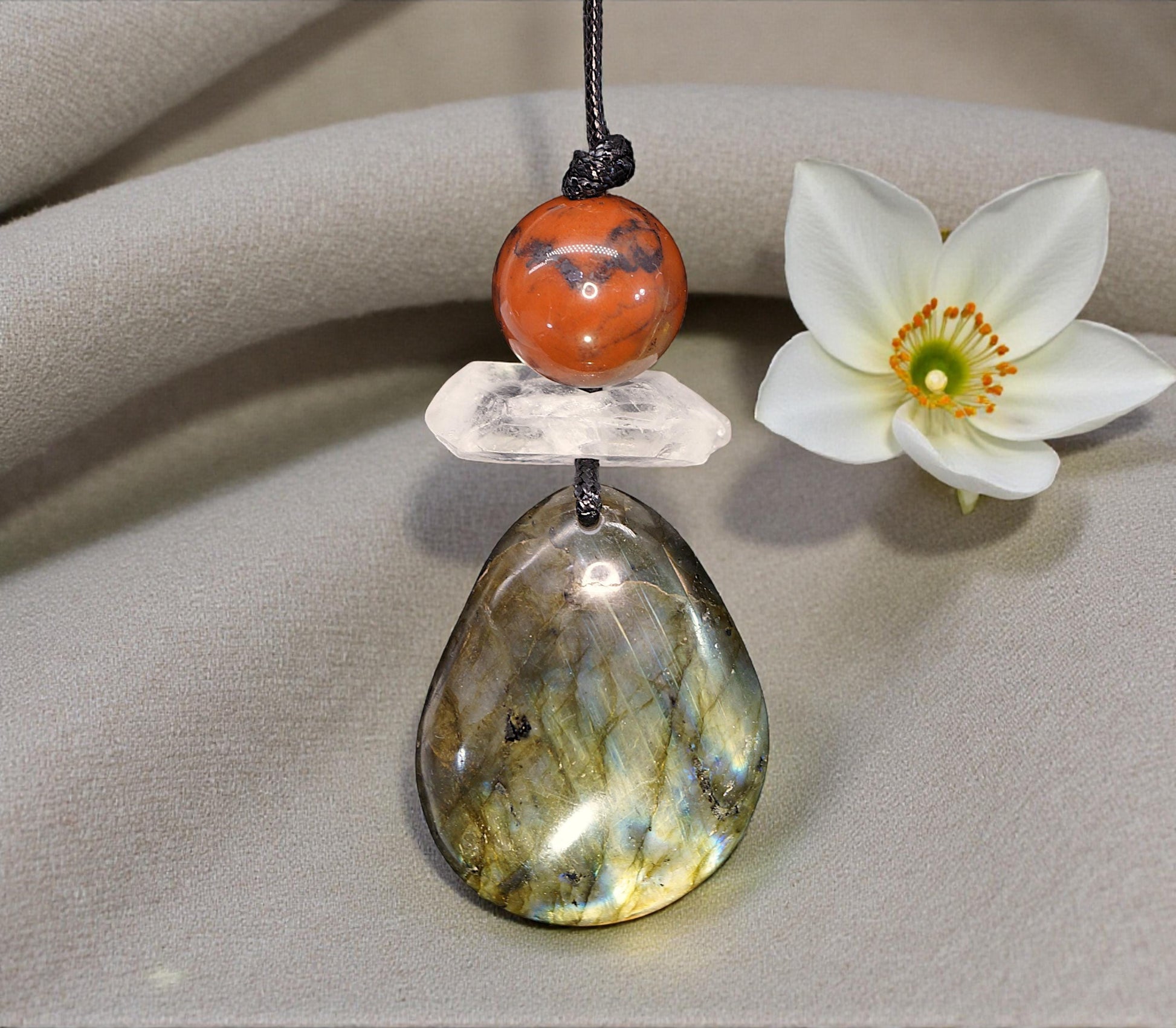 Chunky Labradorite Red Jasper Necklace, Geometric Zen Pendant, Natural Clear Quartz, Adjustable Leather Cord, Men's & Women's Gift