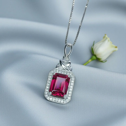 Ruby Necklace Rectangle red Pendant - 18KGP @ Sterling Silver - July Birthstone chain #299