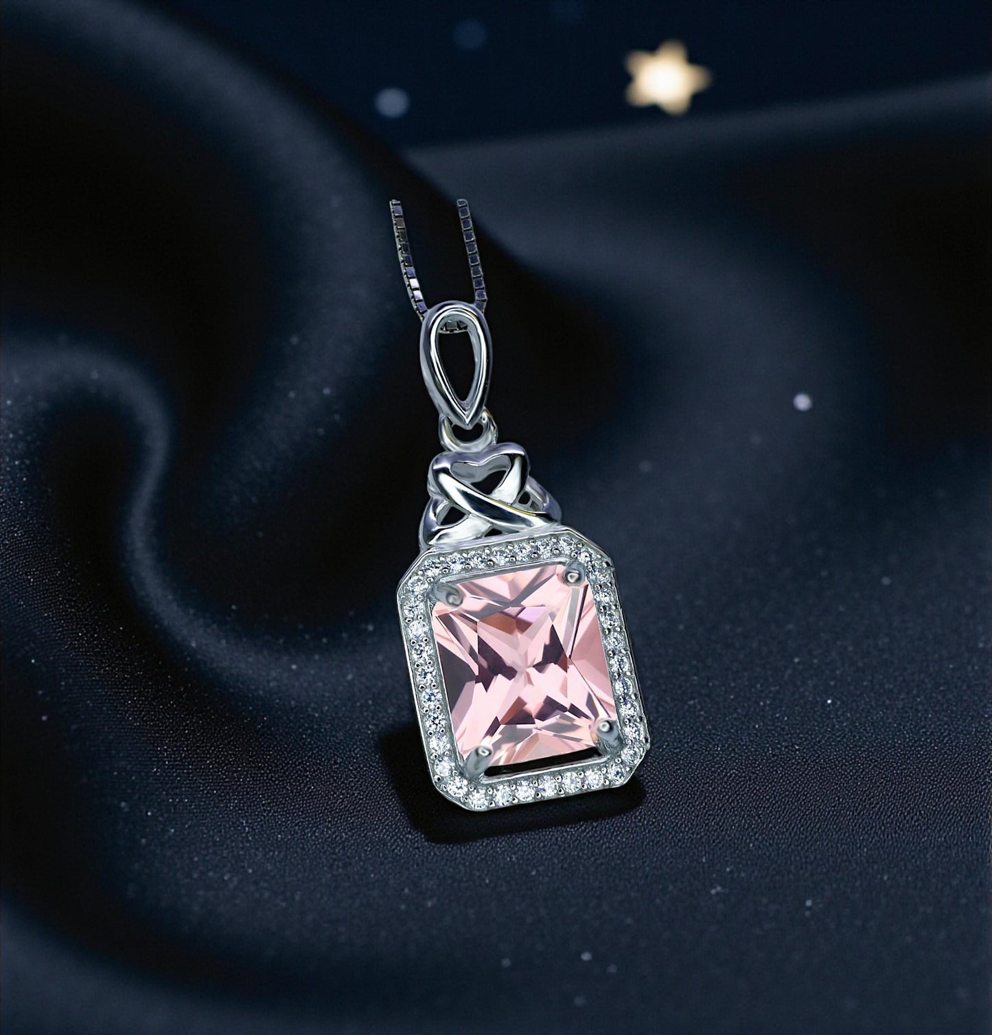 Morganite Necklace - Rectangle Scissor Pink Morganite Pendant - 18KGP @ Sterling Silver - Morganite Jewelry #961
