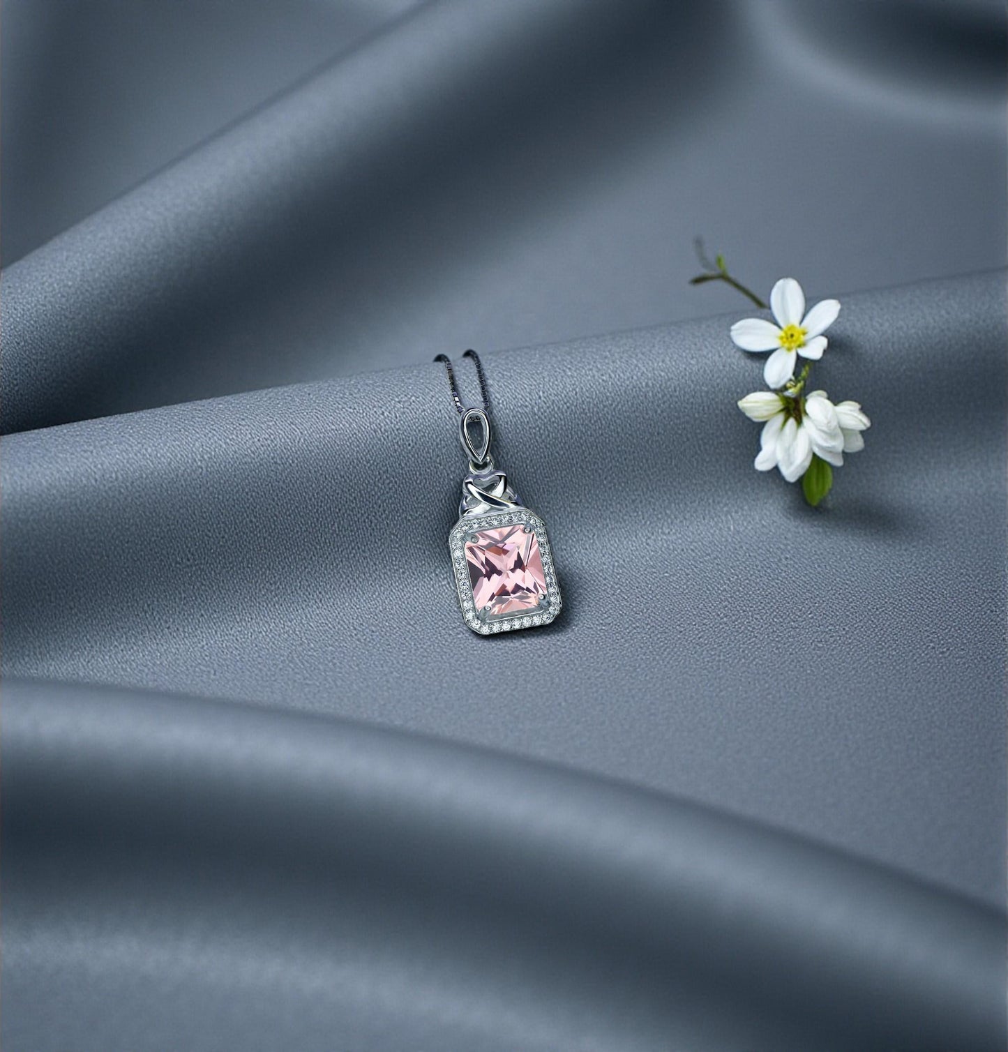 Morganite Necklace - Rectangle Scissor Pink Morganite Pendant - 18KGP @ Sterling Silver - Morganite Jewelry #961