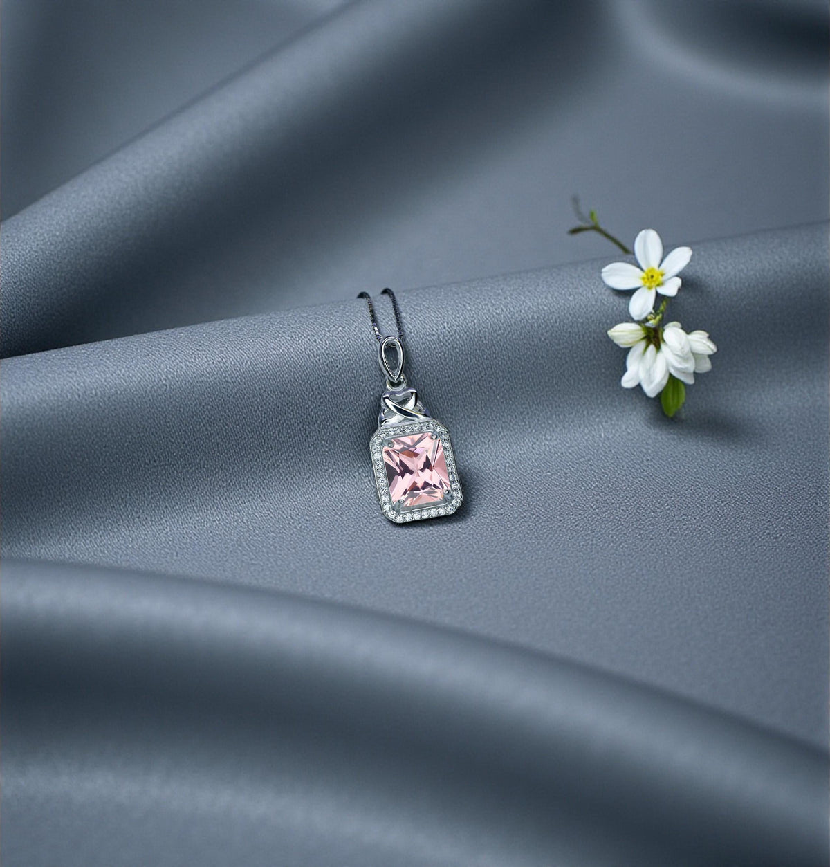 Morganite Necklace - Rectangle Scissor Pink Morganite Pendant - 18KGP @ Sterling Silver - Morganite Jewelry #961