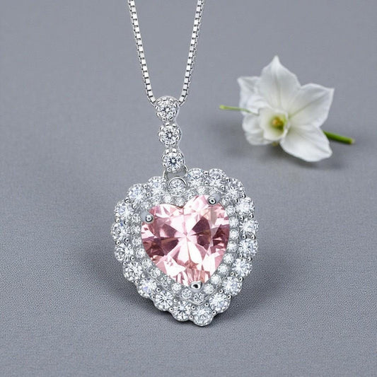Pink Morganite Necklace - Pink Heart Pendant - 18KGP @ Sterling Silver - Double Halo Pink Morganite Jewelry #928