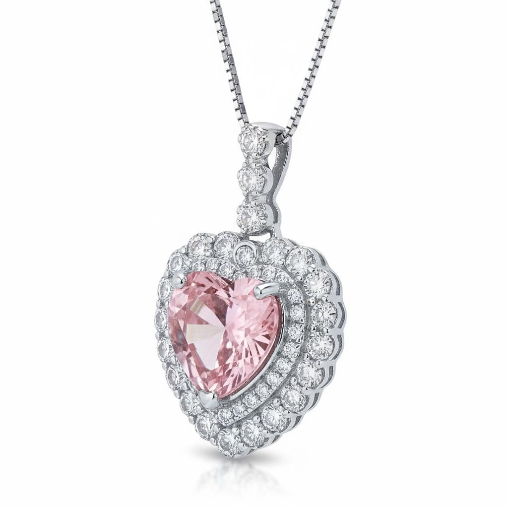 Pink Morganite Necklace - Pink Heart Pendant - 18KGP @ Sterling Silver - Double Halo Pink Morganite Jewelry #928