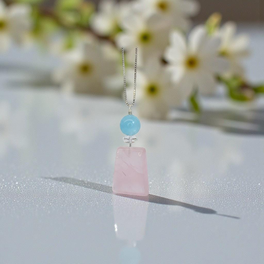Natural Rose Quartz & Aquamarine Pendant, Sterling silver Chain Necklace, Healing Stone chunky stone jewelry #2094