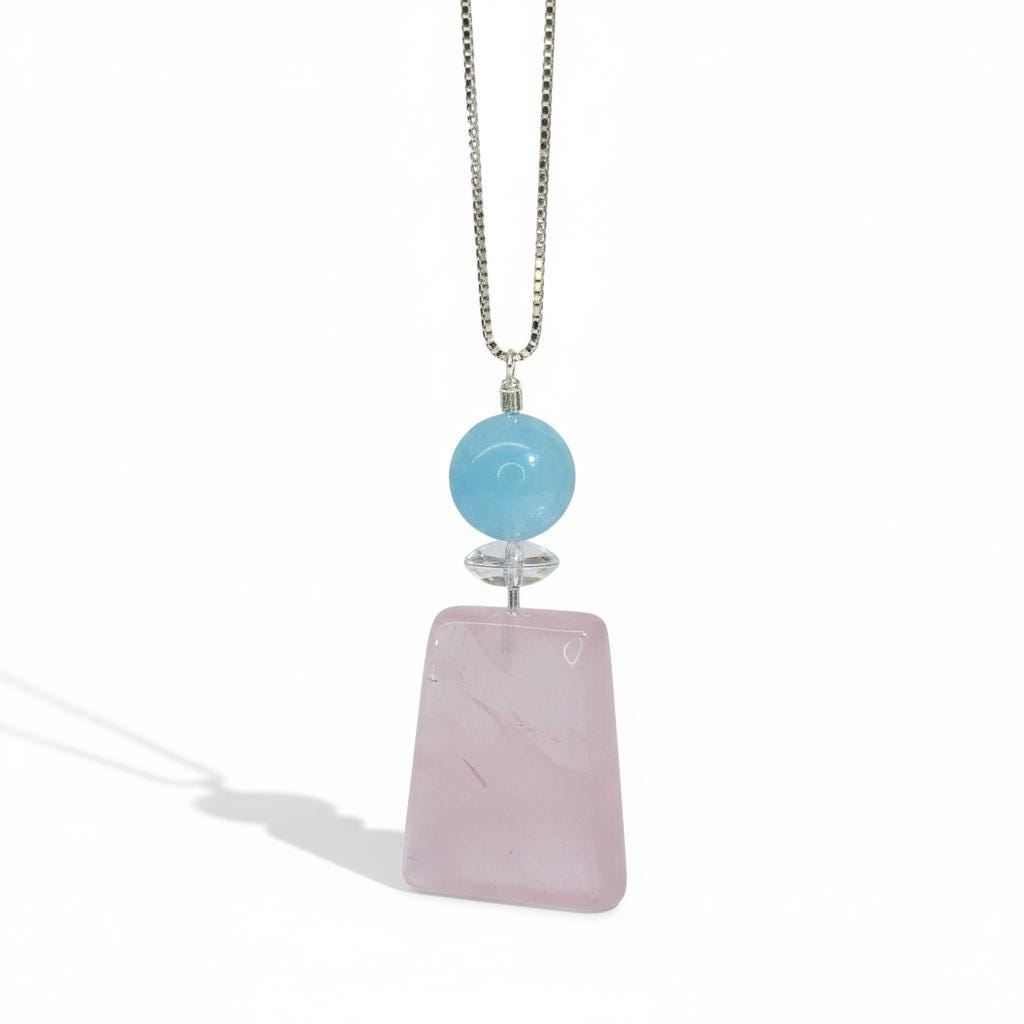 Natural Rose Quartz & Aquamarine Pendant, Sterling silver Chain Necklace, Healing Stone chunky stone jewelry #2094
