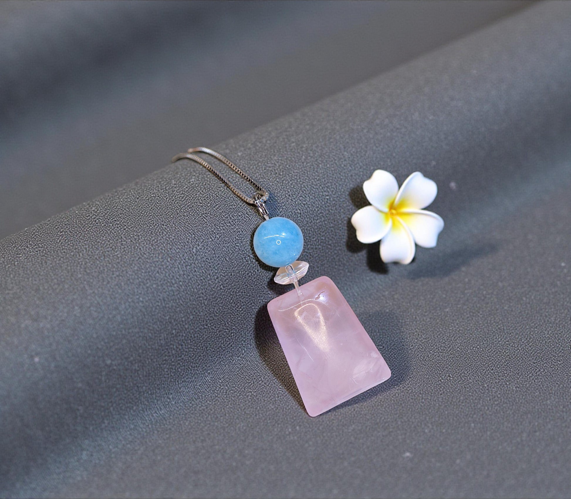 Natural Rose Quartz & Aquamarine Pendant, Sterling silver Chain Necklace, Healing Stone chunky stone jewelry #2094