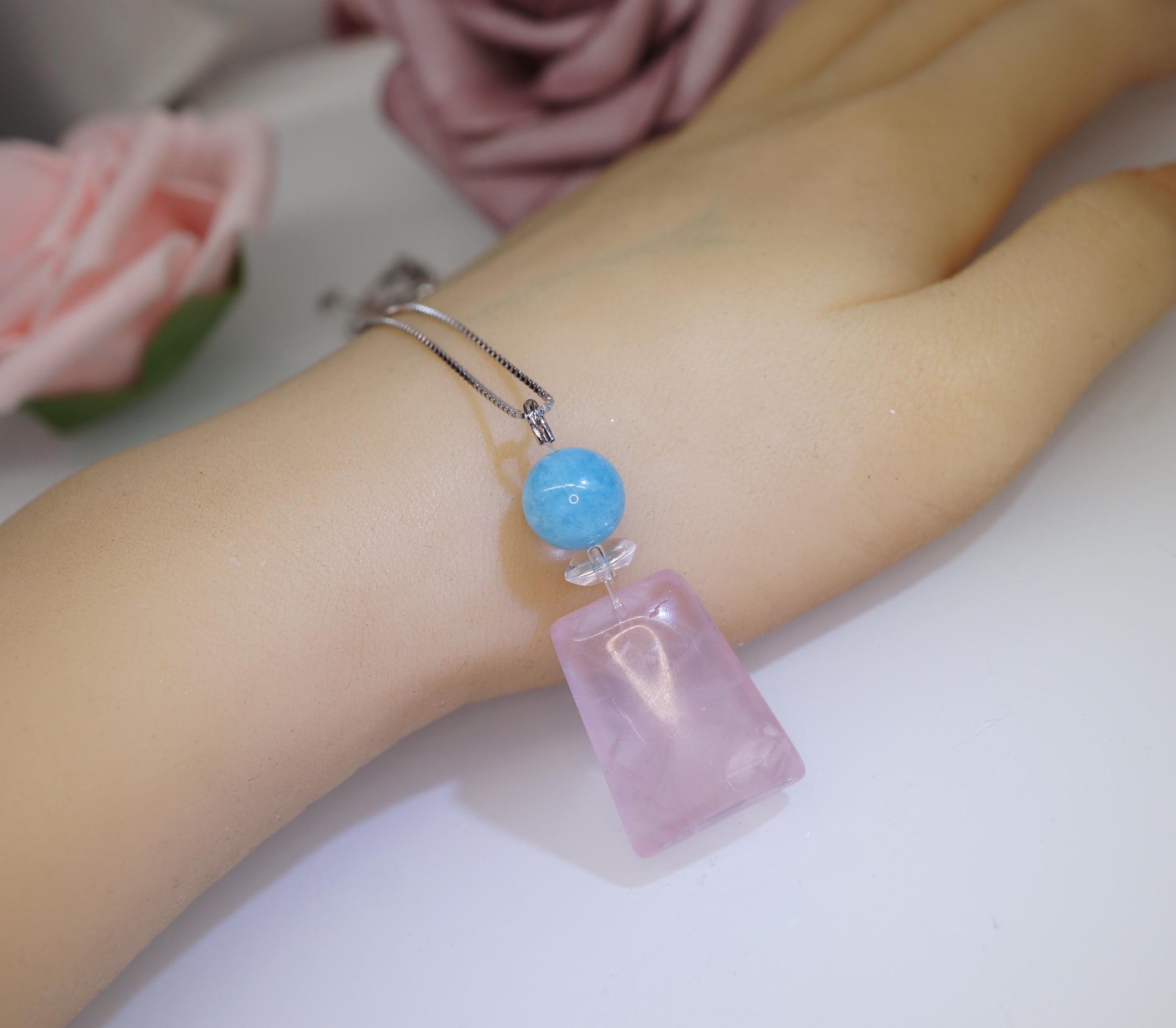 Natural Rose Quartz & Aquamarine Pendant, Sterling silver Chain Necklace, Healing Stone chunky stone jewelry #2094
