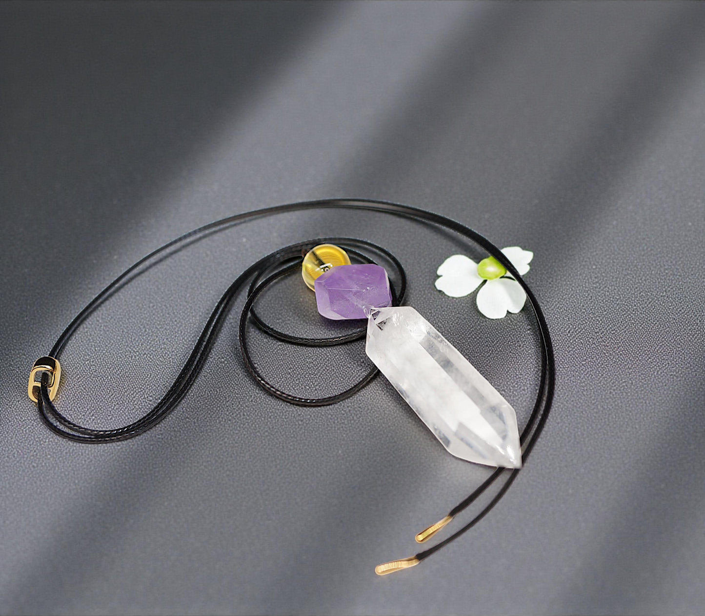 Natural Clear Quartz Amethyst Citrine Necklace, Raw Crystal Point Pendant, Adjustable Cord Chunky Healing Jewelry, Gift for Him #2089