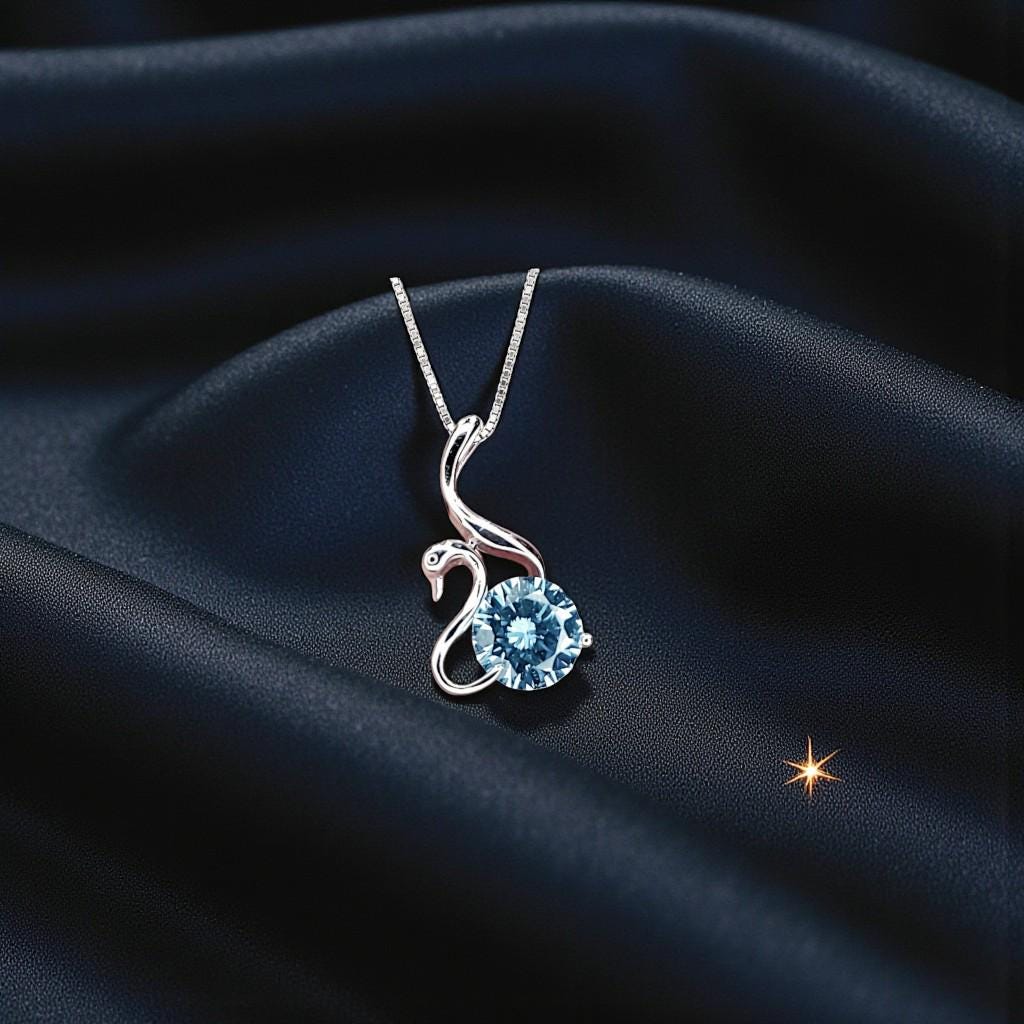 8mm 2 CT Aquamarine Necklace - 18KGP Sterling Silver - Swan Pendant - Solitaire Aquamarine - Simple Aquamarine Jewelry #149