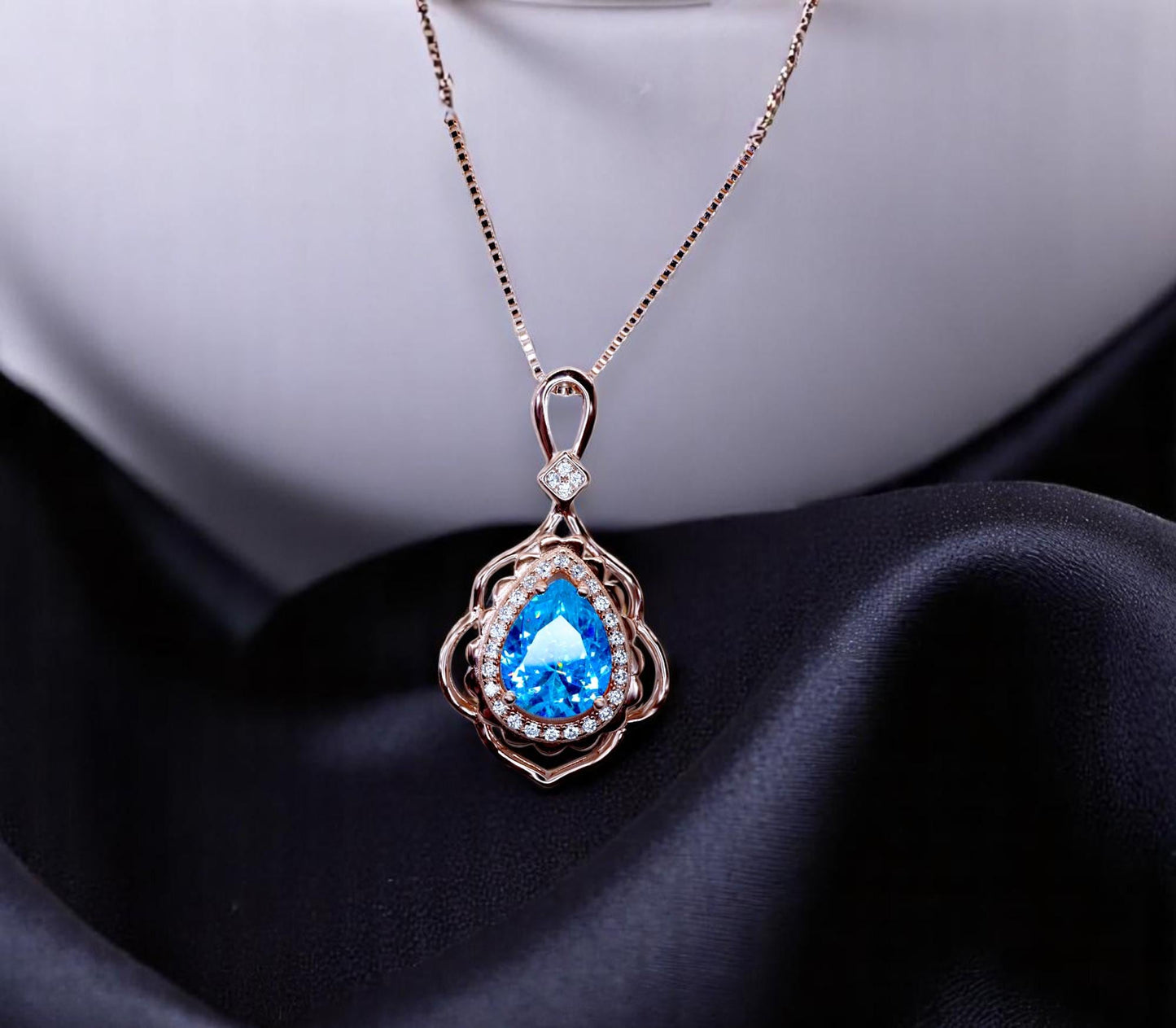 Teardrop Swiss Blue Topaz Necklace - Rose Gold coated Sterling Silver December Birthstone - 3 ct Blue Topaz Necklace #719