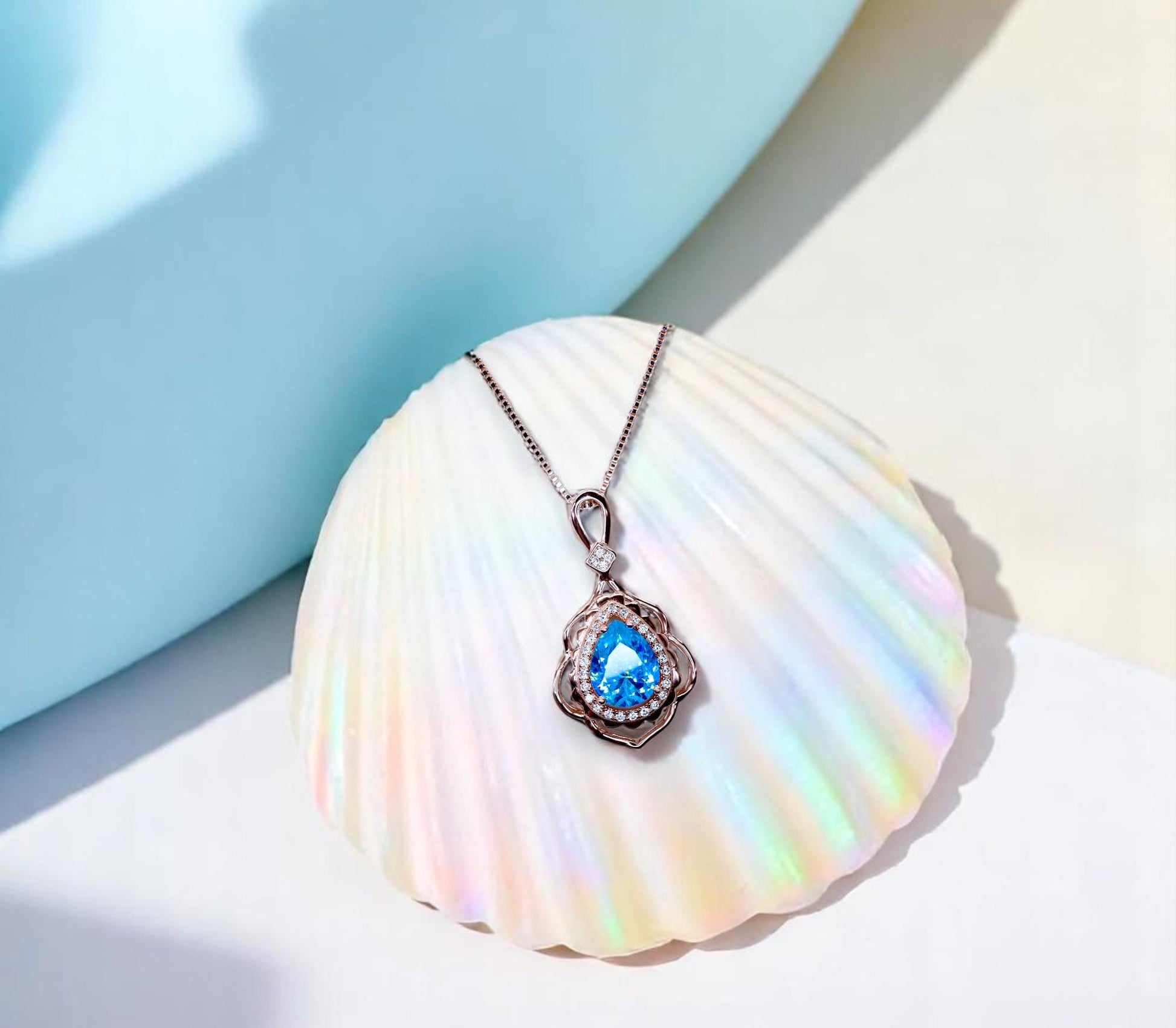 Teardrop Swiss Blue Topaz Necklace - Rose Gold coated Sterling Silver December Birthstone - 3 ct Blue Topaz Necklace #719