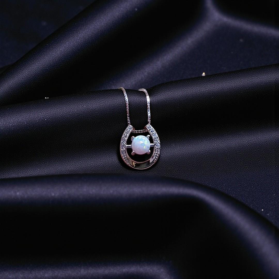 White Opal Horseshoe Necklace Sterling Silver Dainty Diamond Stone Opal Choker, Minimalist White Gold coated Opal Jewelry 1114