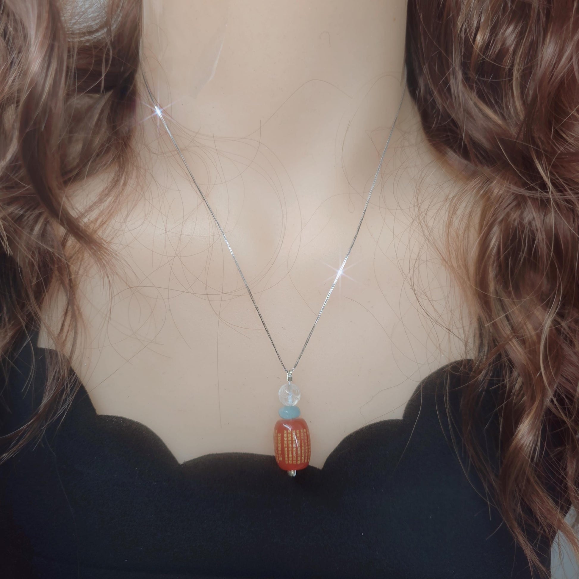 Red Carnelian Heart Sutra Pendant Necklace, Clear Quartz Lotus Spiritual Buddhist Protection Amulet chunky stone jewelry #2330