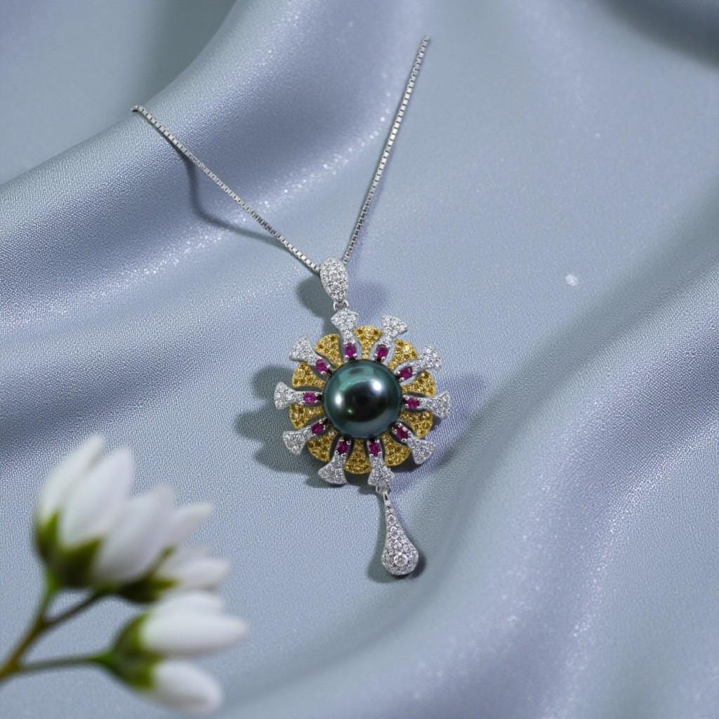 Black Pearl Necklace - 18KGP - Sterling Silver with Gold Sun Sunflower Style - Genuine Black Pearl Jewelry #742