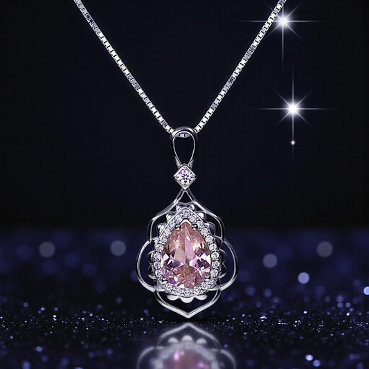 Morganite Necklace Gemstone Leaf Style 18kgp @ Sterling Silver - 2.75 CT Pink Gemstone - June Birthstone - Teardrop Morganite Jewelry #731