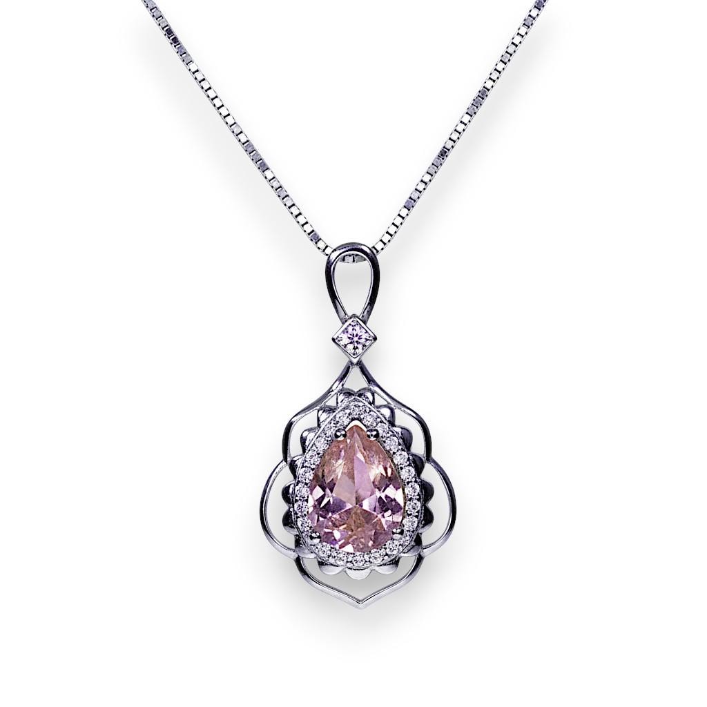 Morganite Necklace Gemstone Leaf Style 18kgp @ Sterling Silver - 2.75 CT Pink Gemstone - June Birthstone - Teardrop Morganite Jewelry #731