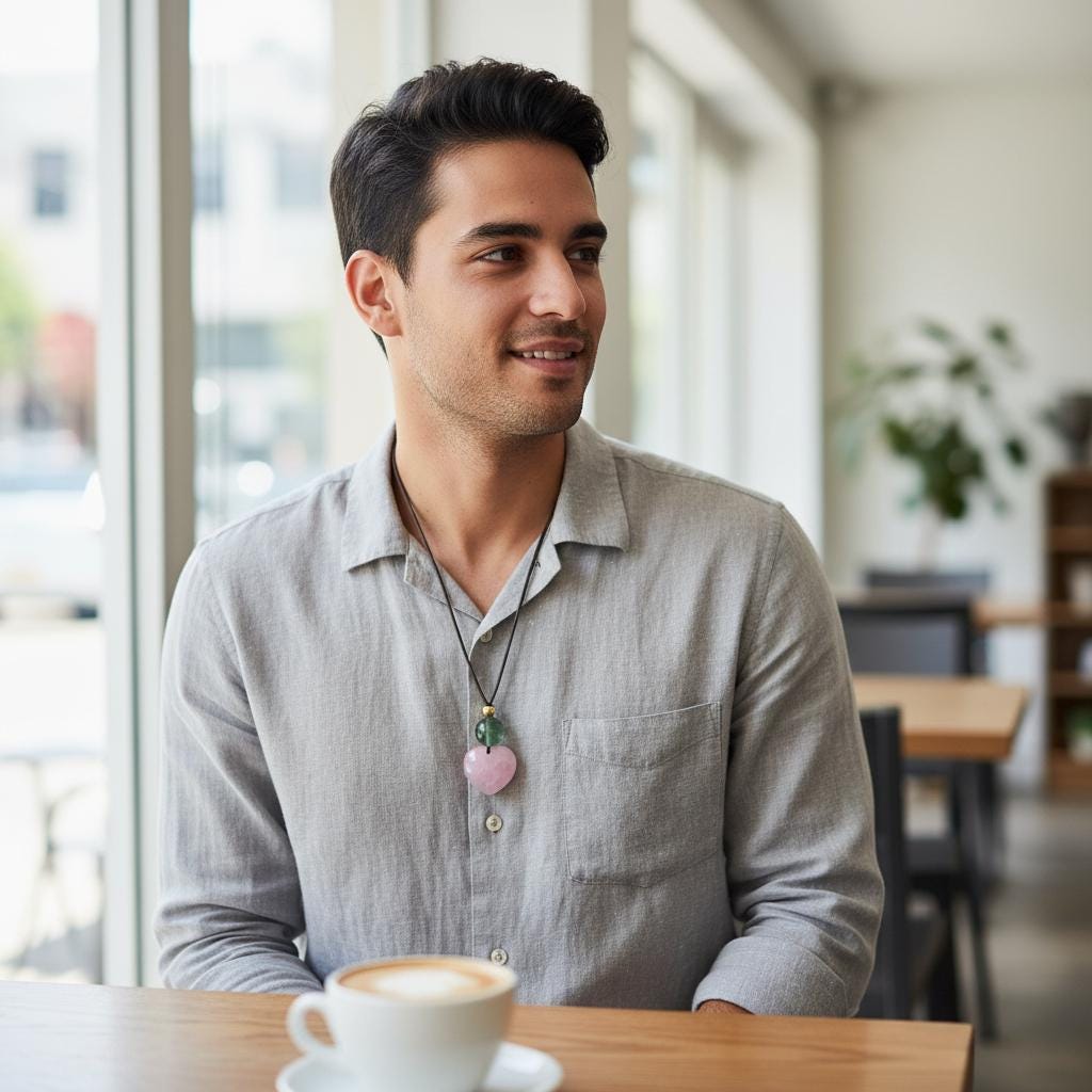 Chunky Rose Quartz Heart Necklace on 30" Adjustable Real Leather Cord, Geometric Green Fluorite Pendant, Large Natural Crystal Gift #2538