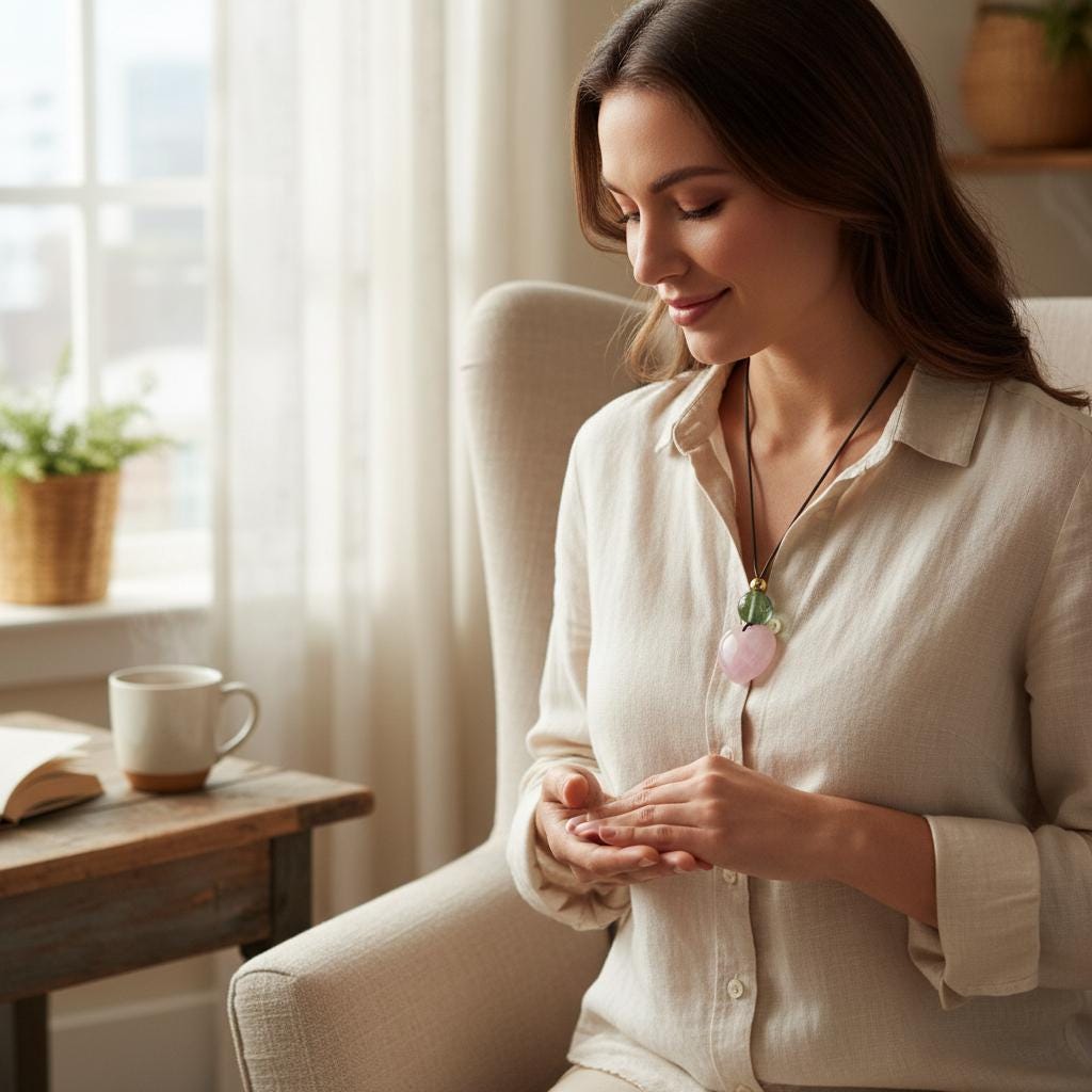 Chunky Rose Quartz Heart Necklace on 30" Adjustable Real Leather Cord, Geometric Green Fluorite Pendant, Large Natural Crystal Gift #2538