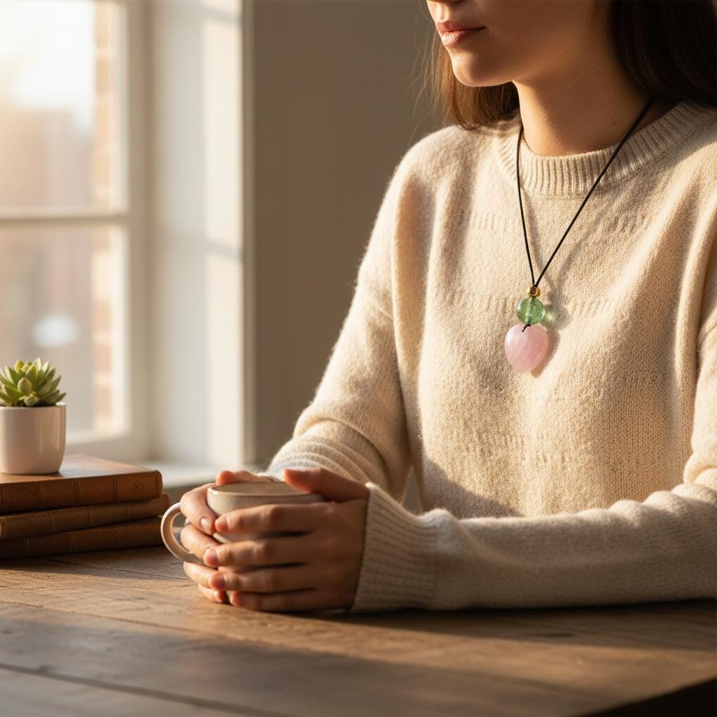 Chunky Rose Quartz Heart Necklace on 30" Adjustable Real Leather Cord, Geometric Green Fluorite Pendant, Large Natural Crystal Gift #2538